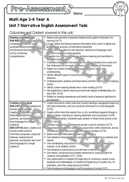 Multi Age 3-6 Year A English Pre- and Post-Assessment Unit 7 Narrative - Assessment