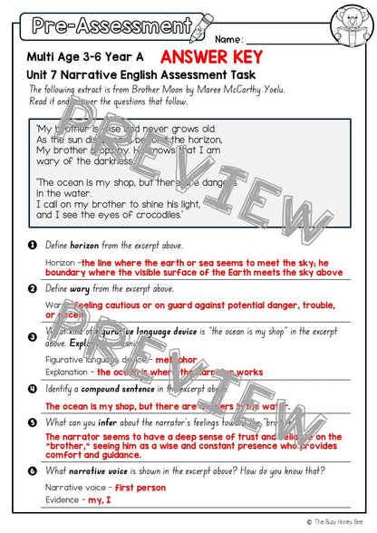 Multi Age 3-6 Year A English Pre- and Post-Assessment Unit 7 Narrative - Assessment