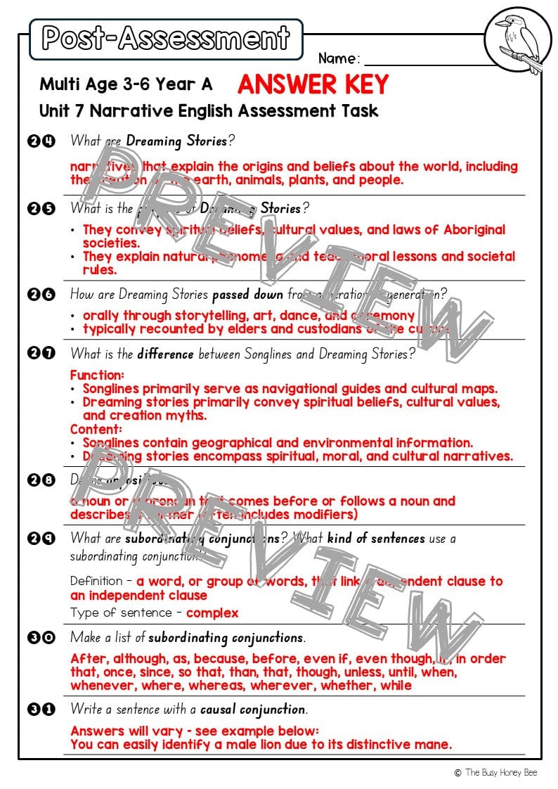 Multi Age 3-6 Year A English Pre- and Post-Assessment Unit 7 Narrative - Assessment