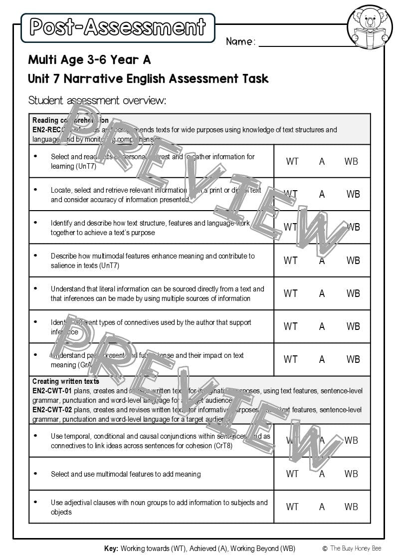Multi Age 3-6 Year A English Pre- and Post-Assessment Unit 7 Narrative - Assessment