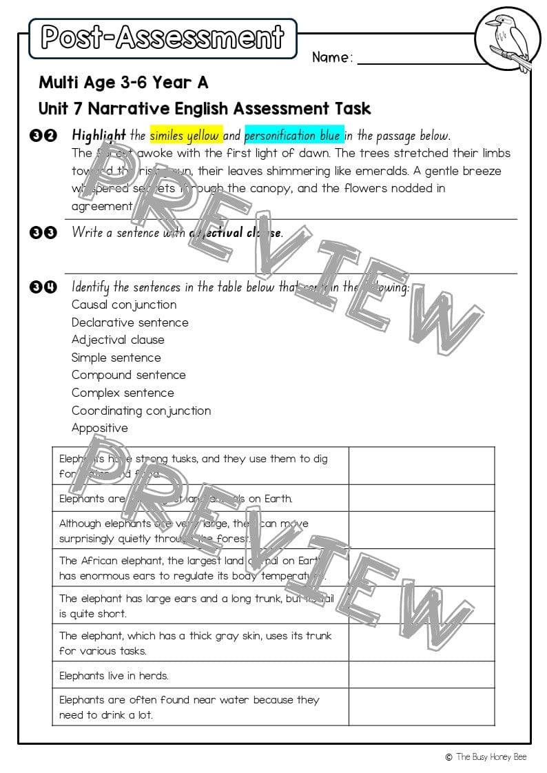 Multi Age 3-6 Year A English Pre- and Post-Assessment Unit 7 Narrative - Assessment