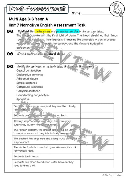 Multi Age 3-6 Year A English Pre- and Post-Assessment Unit 7 Narrative - Assessment