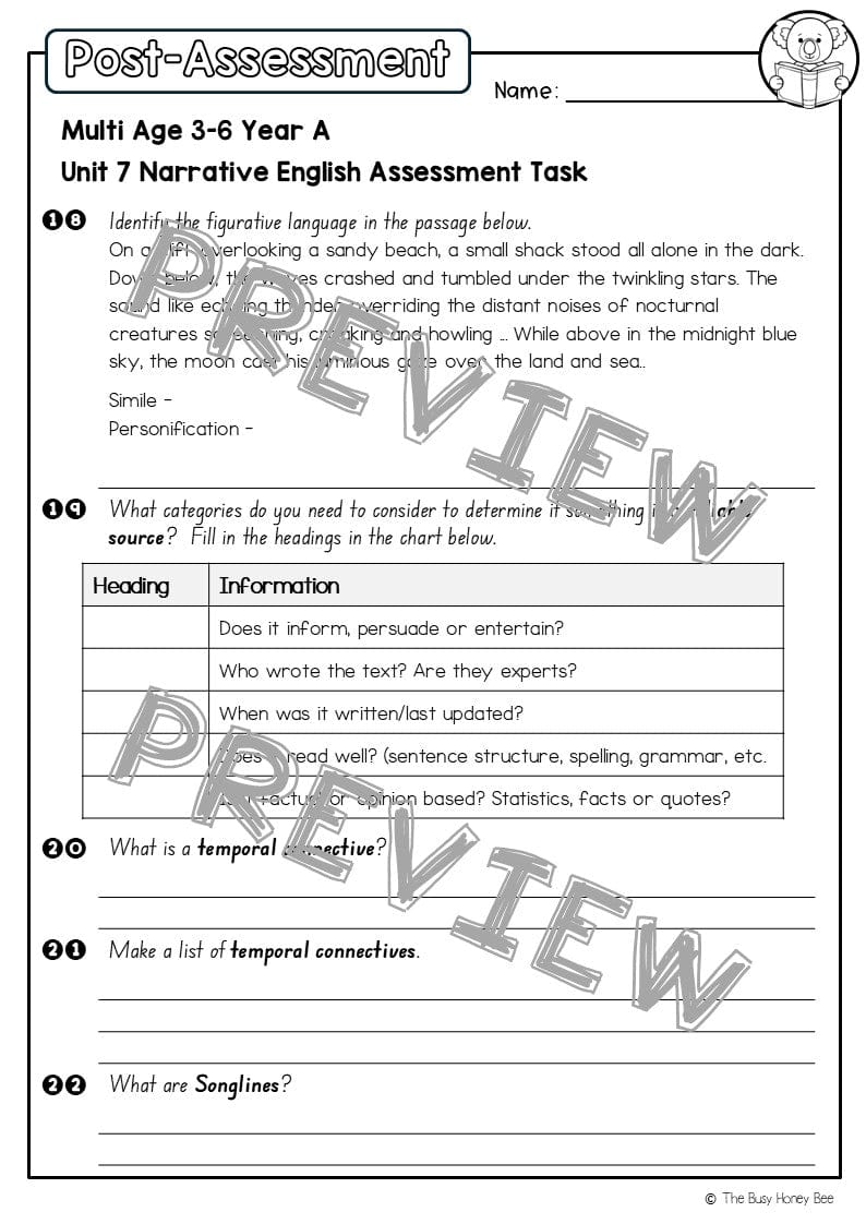 Multi Age 3-6 Year A English Pre- and Post-Assessment Unit 7 Narrative - Assessment