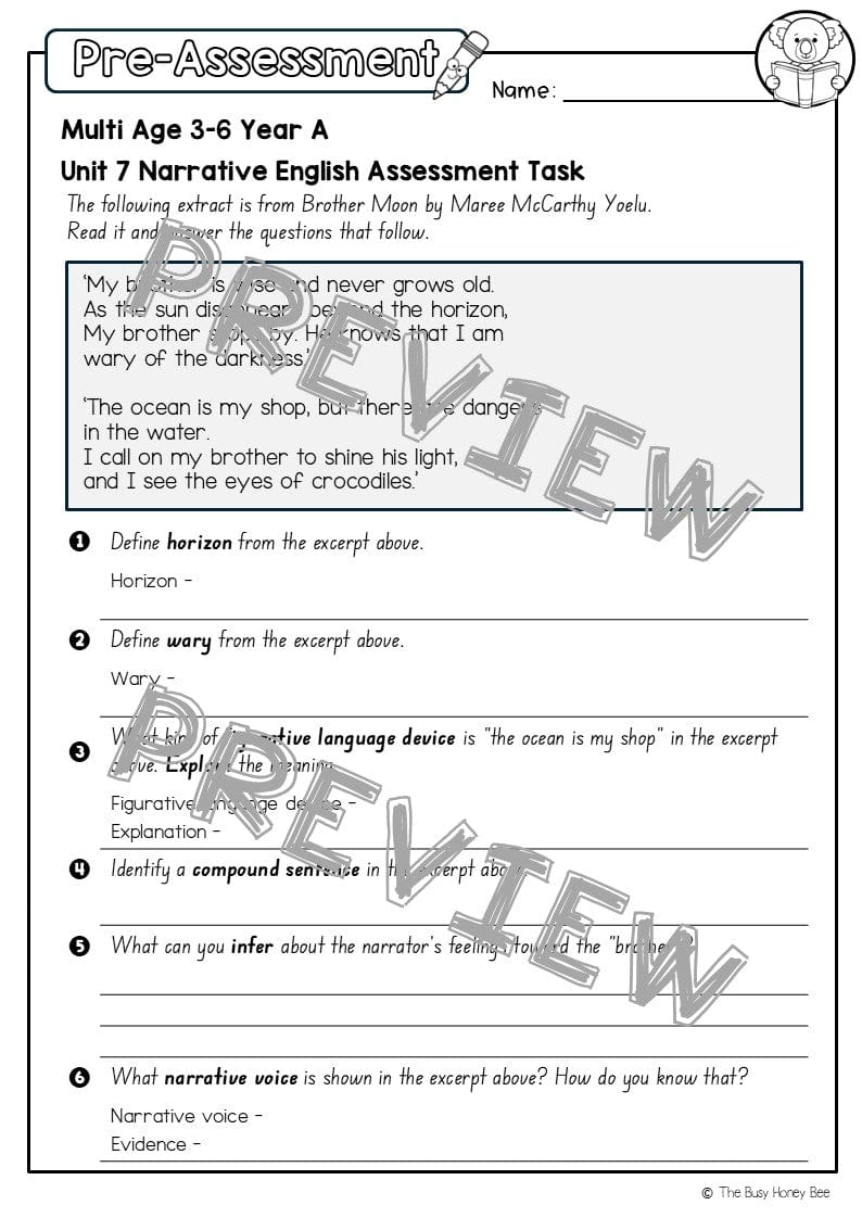 Multi Age 3-6 Year A English Pre- and Post-Assessment Unit 7 Narrative - Assessment