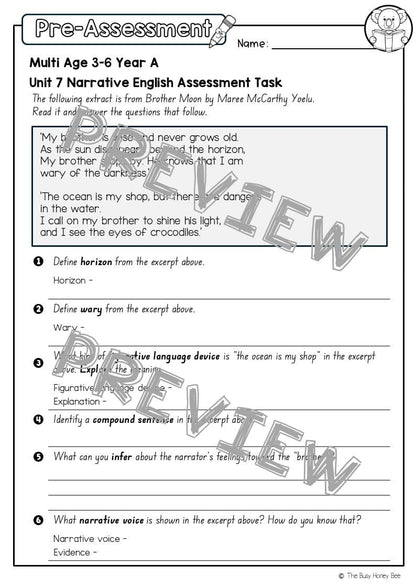 Multi Age 3-6 Year A English Pre- and Post-Assessment Unit 7 Narrative - Assessment
