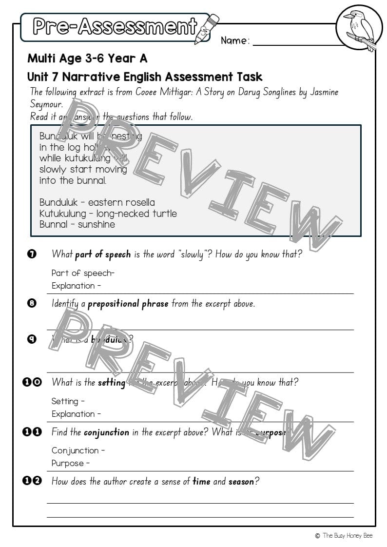 Multi Age 3-6 Year A English Pre- and Post-Assessment Unit 7 Narrative - Assessment