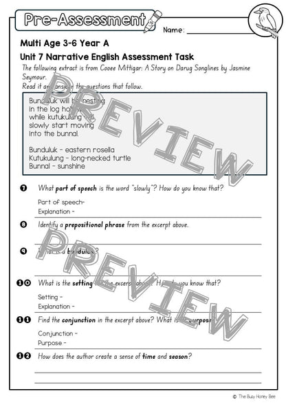 Multi Age 3-6 Year A English Pre- and Post-Assessment Unit 7 Narrative - Assessment