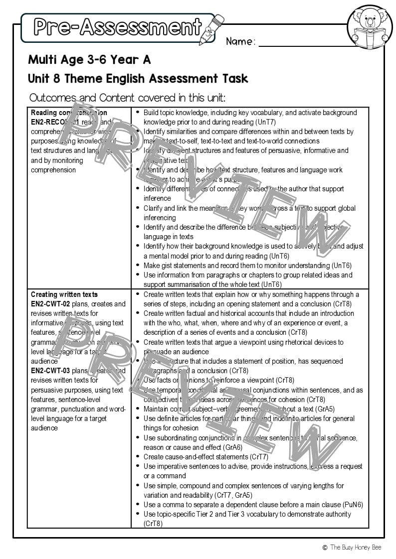 Multi Age 3-6 Year A English Pre- and Post-Assessment Unit 8 Theme - Assessment