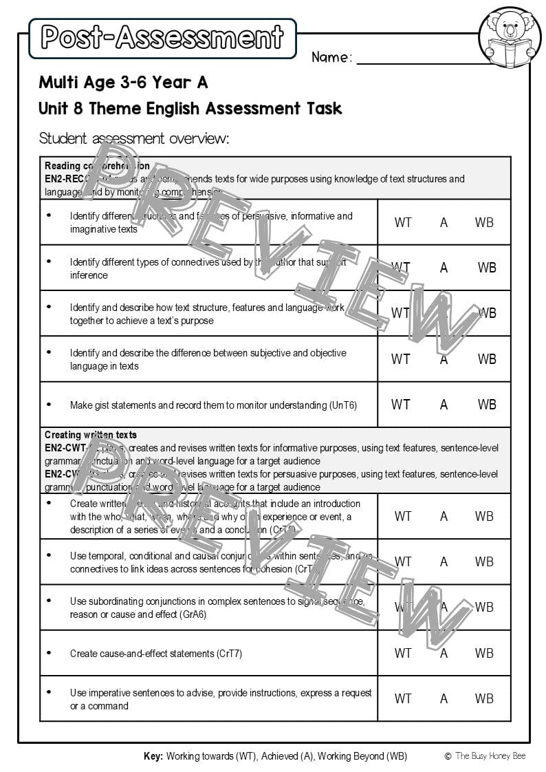 Multi Age 3-6 Year A English Pre- and Post-Assessment Unit 8 Theme - Assessment