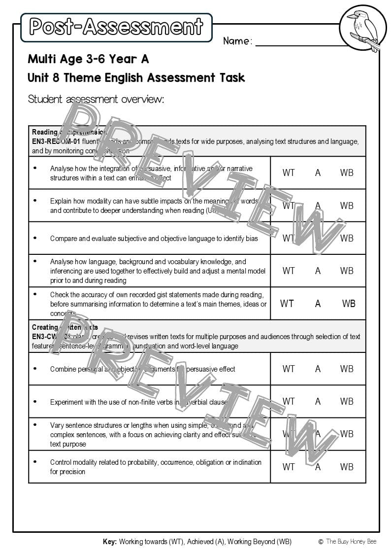 Multi Age 3-6 Year A English Pre- and Post-Assessment Unit 8 Theme - Assessment