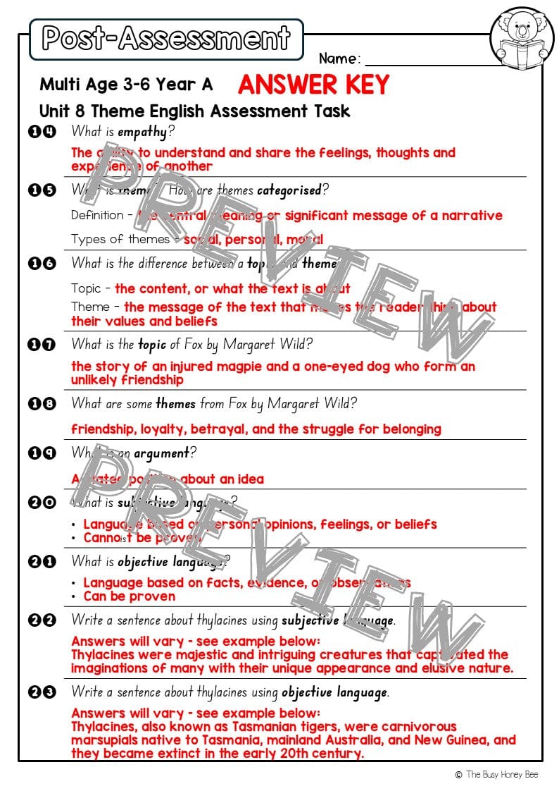 Multi Age 3-6 Year A English Pre- and Post-Assessment Unit 8 Theme - Assessment