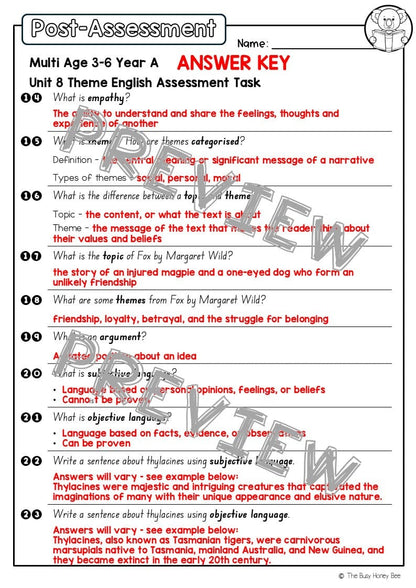 Multi Age 3-6 Year A English Pre- and Post-Assessment Unit 8 Theme - Assessment