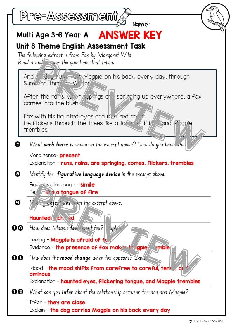 Multi Age 3-6 Year A English Pre- and Post-Assessment Unit 8 Theme - Assessment