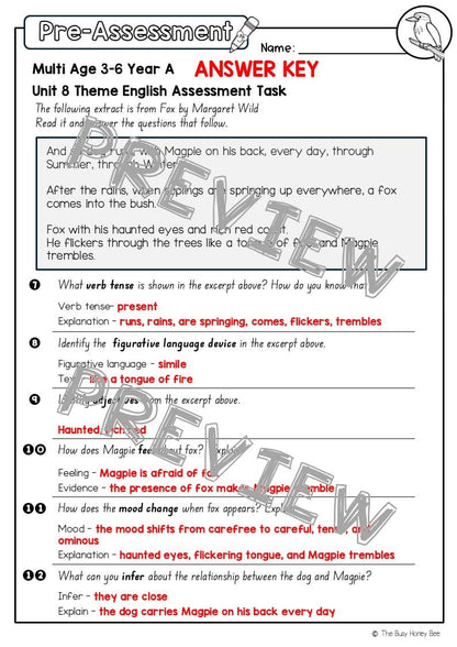 Multi Age 3-6 Year A English Pre- and Post-Assessment Unit 8 Theme - Assessment