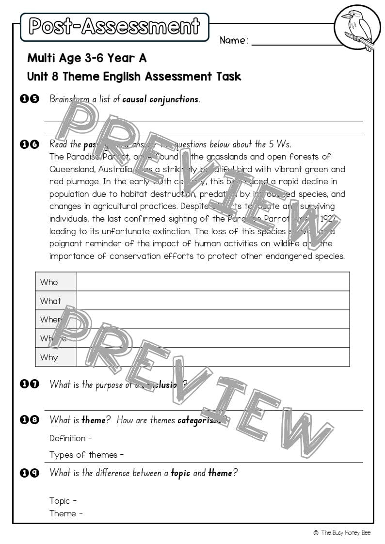 Multi Age 3-6 Year A English Pre- and Post-Assessment Unit 8 Theme - Assessment