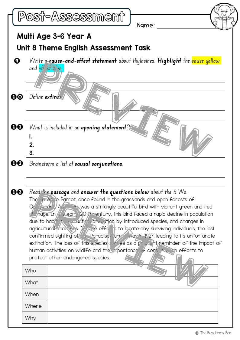 Multi Age 3-6 Year A English Pre- and Post-Assessment Unit 8 Theme - Assessment
