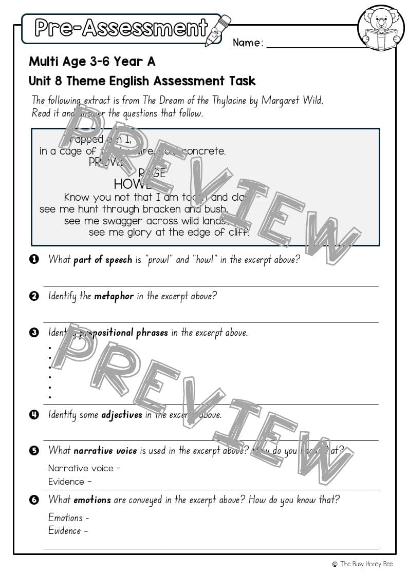Multi Age 3-6 Year A English Pre- and Post-Assessment Unit 8 Theme - Assessment