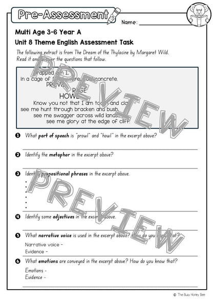 Multi Age 3-6 Year A English Pre- and Post-Assessment Unit 8 Theme - Assessment