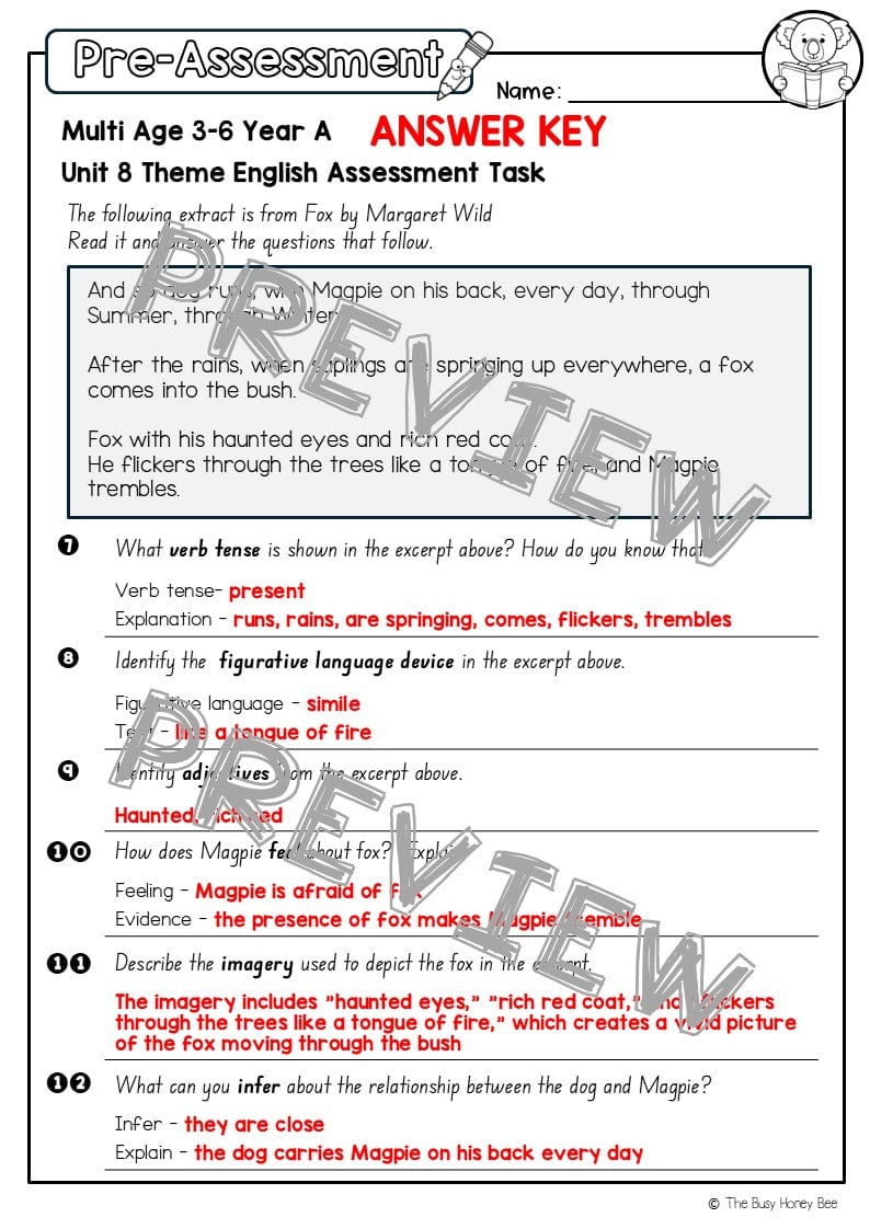 Multi Age 3-6 Year A English Pre- and Post-Assessment Unit 8 Theme - Assessment