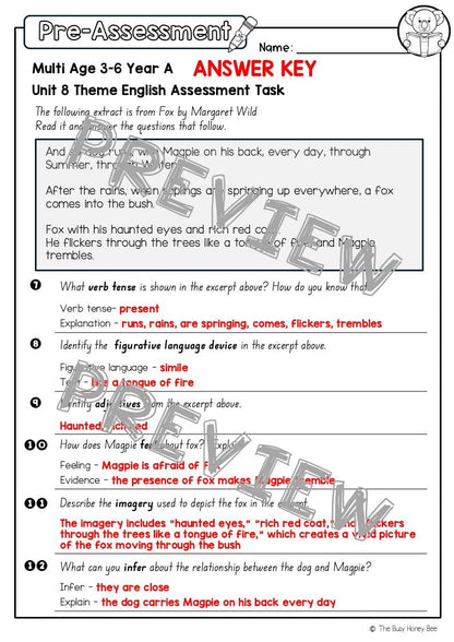 Multi Age 3-6 Year A English Pre- and Post-Assessment Unit 8 Theme - Assessment