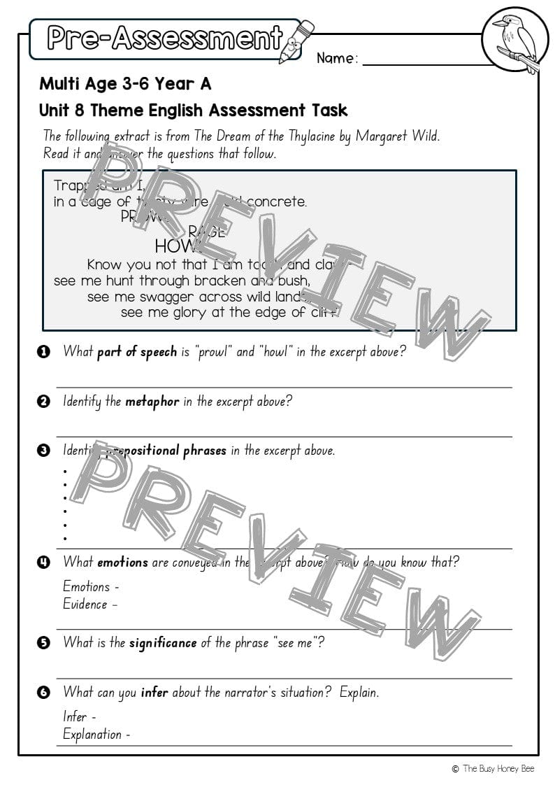 Multi Age 3-6 Year A English Pre- and Post-Assessment Unit 8 Theme - Assessment