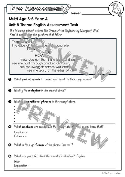 Multi Age 3-6 Year A English Pre- and Post-Assessment Unit 8 Theme - Assessment