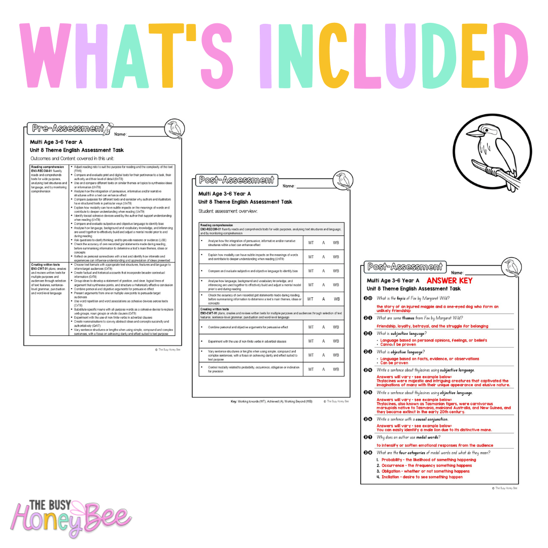 Multi Age 3-6 Year A English Pre- and Post-Assessment Unit 8 Theme - Assessment