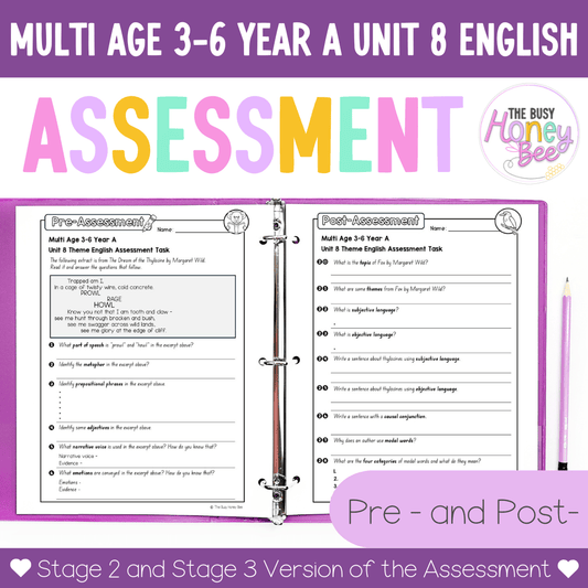 Multi Age 3-6 Year A English Pre- and Post-Assessment Unit 8 Theme - Assessment