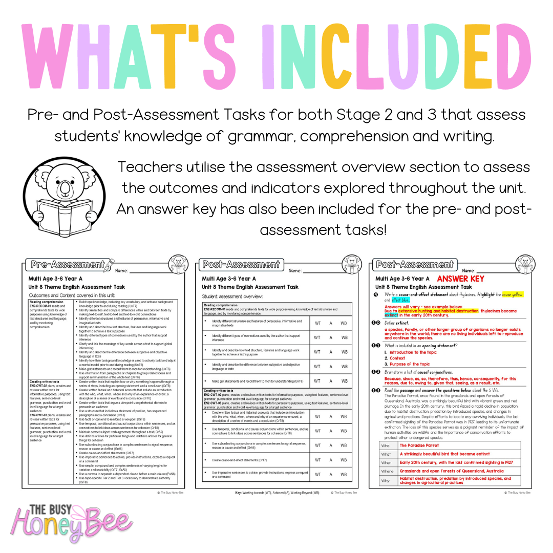 Multi Age 3-6 Year A English Pre- and Post-Assessment Unit 8 Theme - Assessment