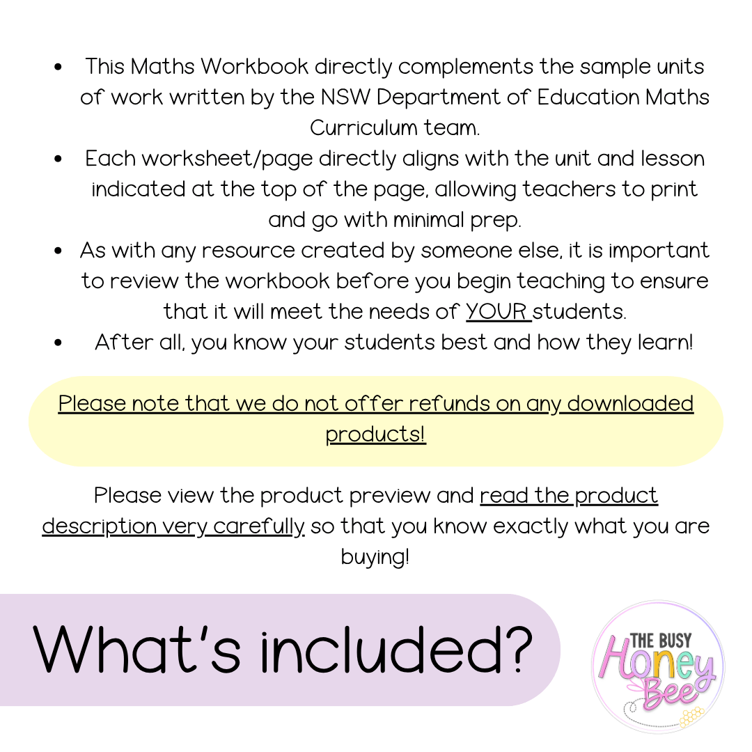 Multi Age 3-6 Year A NSW Maths Worksheets Unit 10 - Workbook | Worksheets