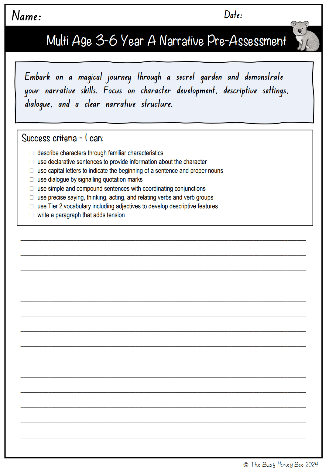 Multi Age 3-6 Year A Unit 1 Narrative Writing Pre-Assessment - Assessment
