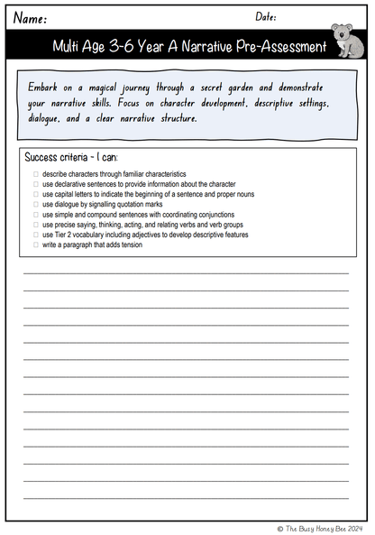 Multi Age 3-6 Year A Unit 1 Narrative Writing Pre-Assessment - Assessment