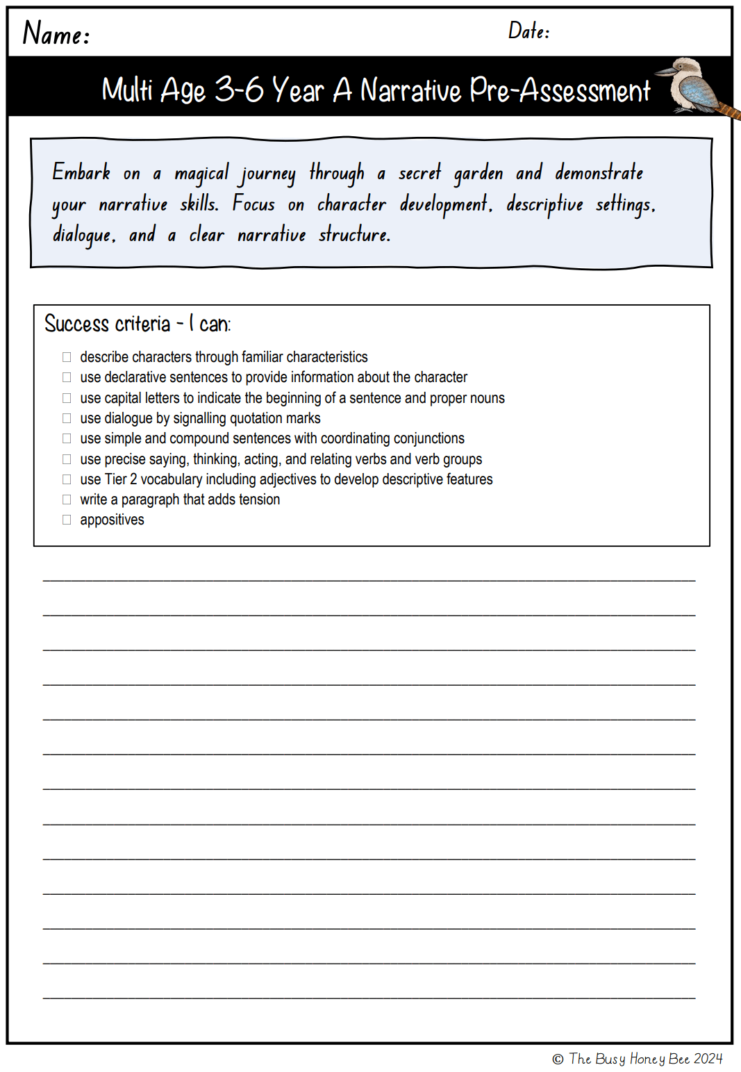Multi Age 3-6 Year A Unit 1 Narrative Writing Pre-Assessment - Assessment