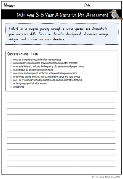 Multi Age 3-6 Year A Unit 1 Narrative Writing Pre-Assessment - Assessment