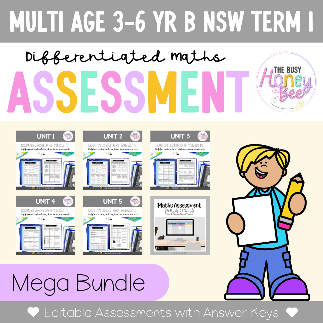 Multi Age 3-6 Year B Differentiated NSW Maths Assessment Term 1 Mega Bundle - Microsoft Word Document