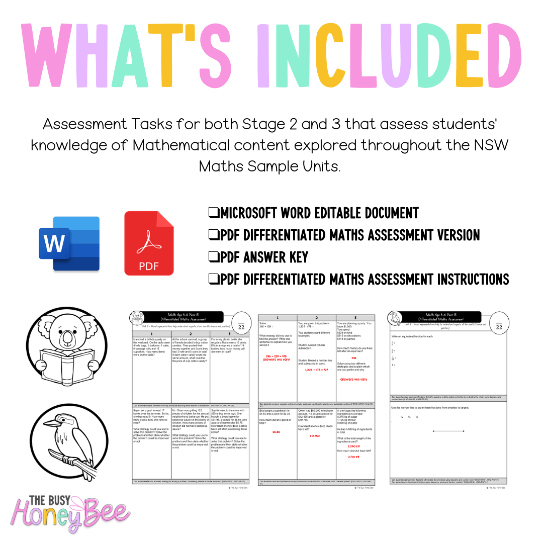 Multi Age 3-6 Year B Differentiated NSW Maths Assessment Unit 11 - Assessment