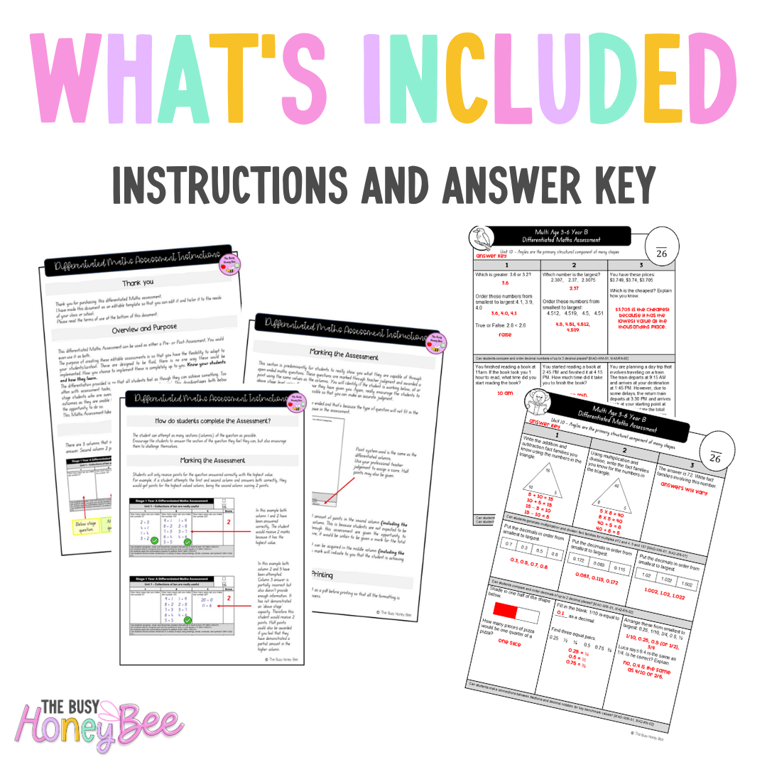 Multi Age 3-6 Year B Differentiated NSW Maths Assessment Unit 11 - Assessment