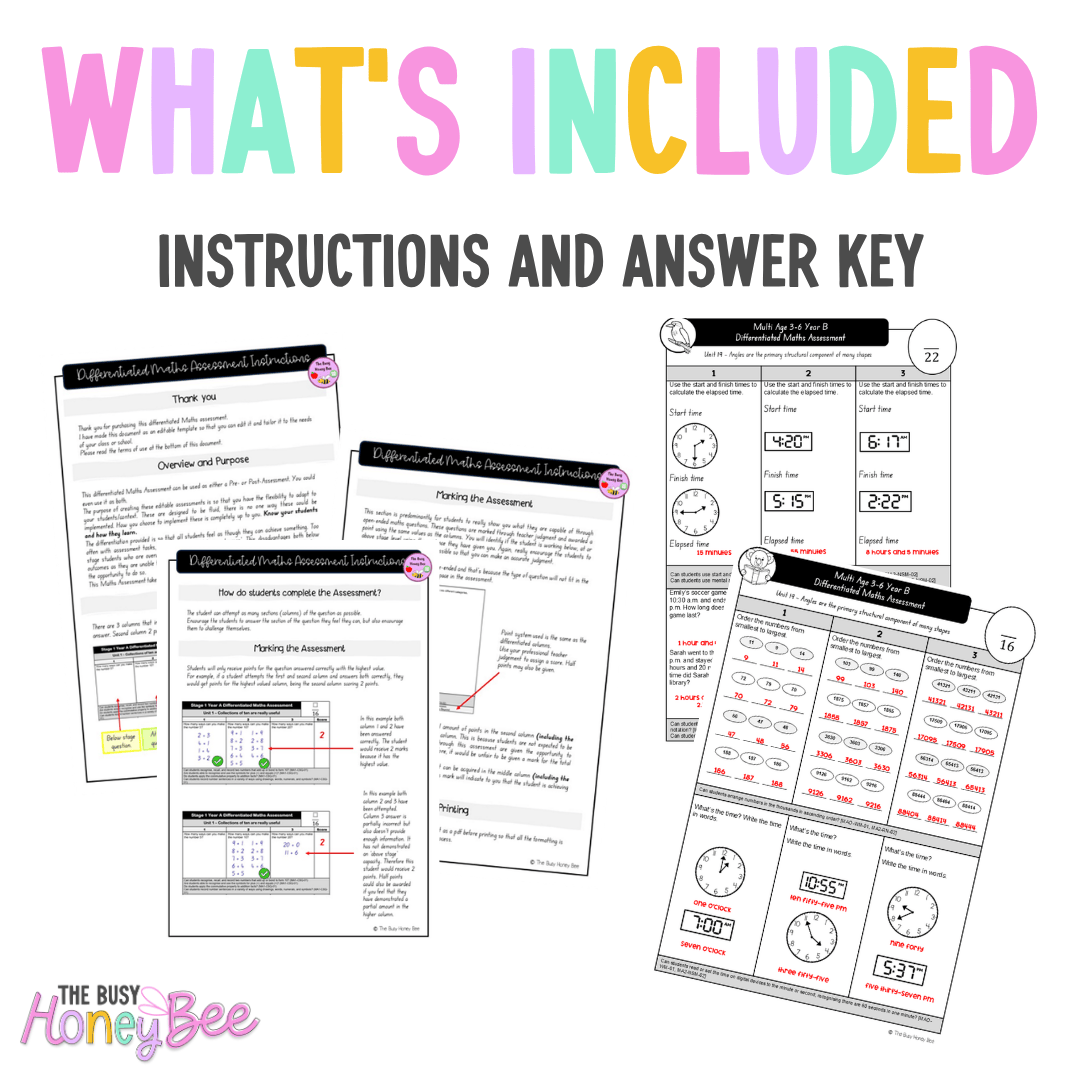Multi Age 3-6 Year B Differentiated NSW Maths Assessment Unit 19 - Assessment