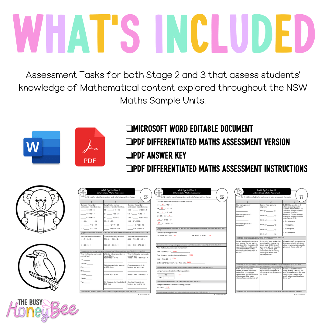 Multi Age 3-6 Year B Differentiated NSW Maths Assessment Unit 2 - Microsoft Word Document
