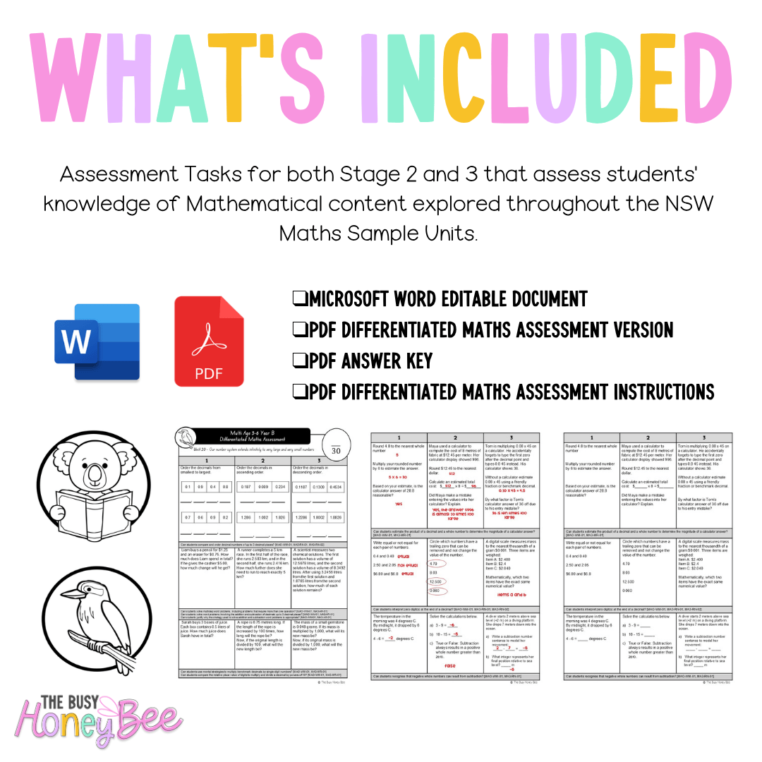 Multi Age 3-6 Year B Differentiated NSW Maths Assessment Unit 20 - Assessment