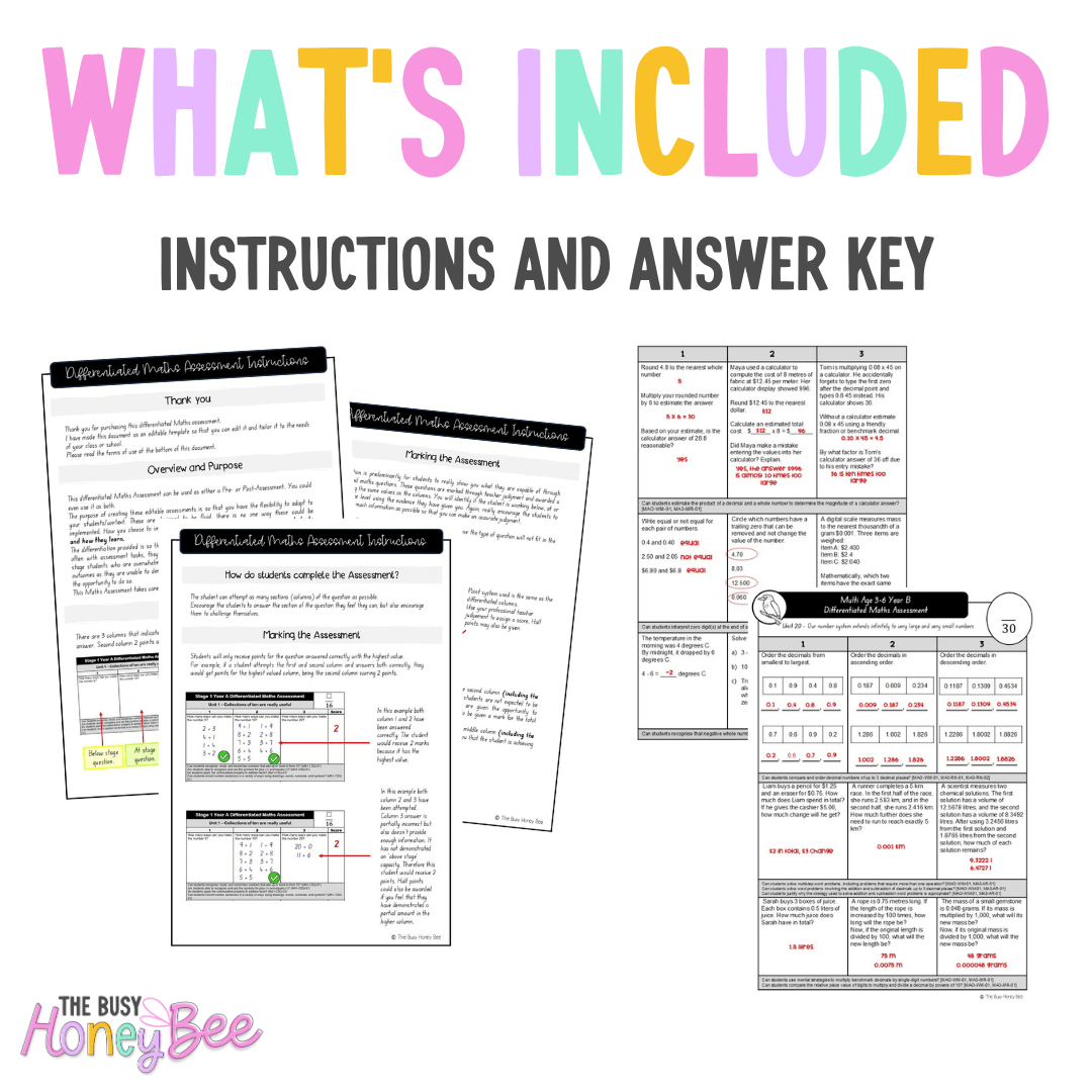 Multi Age 3-6 Year B Differentiated NSW Maths Assessment Unit 20 - Assessment
