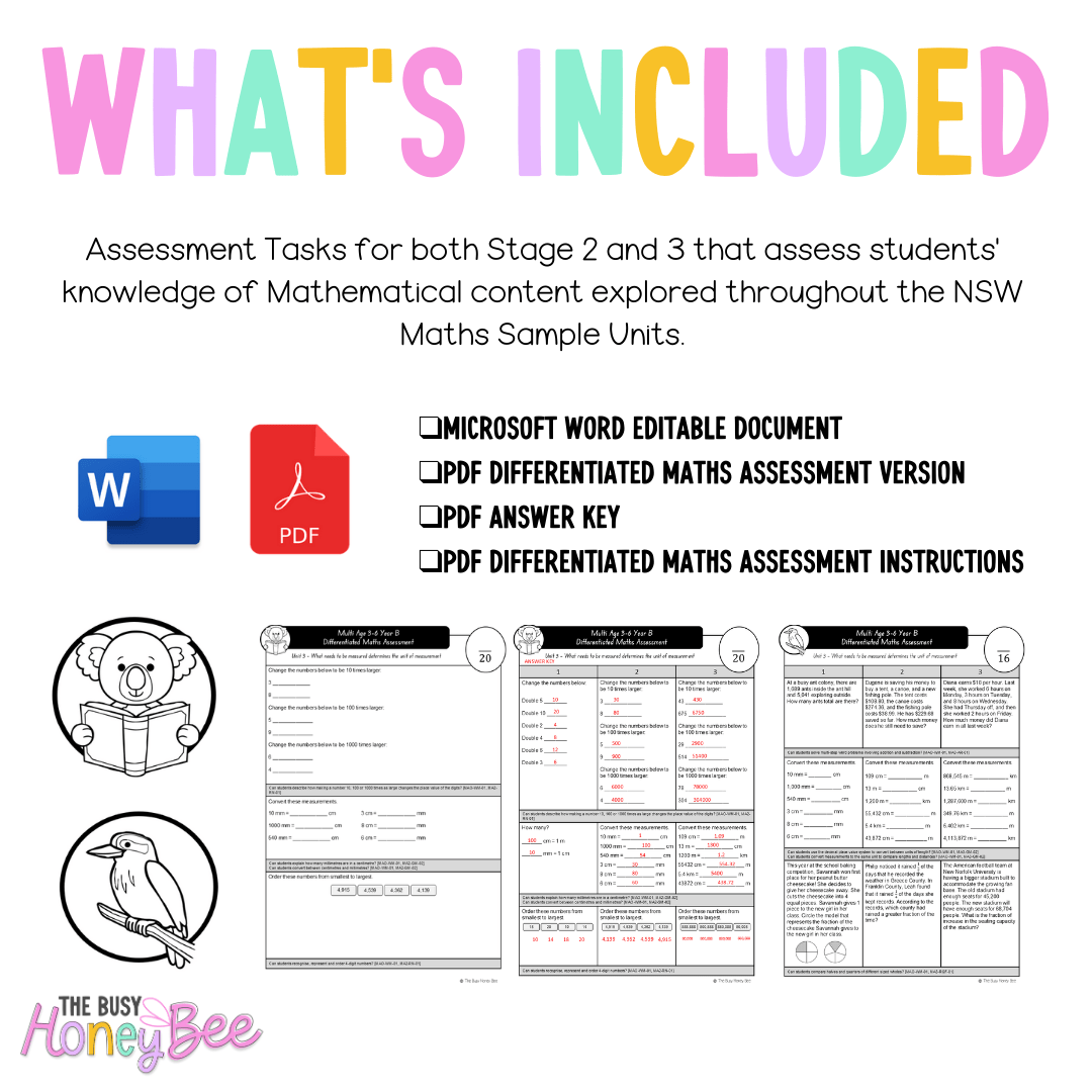 Multi Age 3-6 Year B Differentiated NSW Maths Assessment Unit 3 - Microsoft Word Document