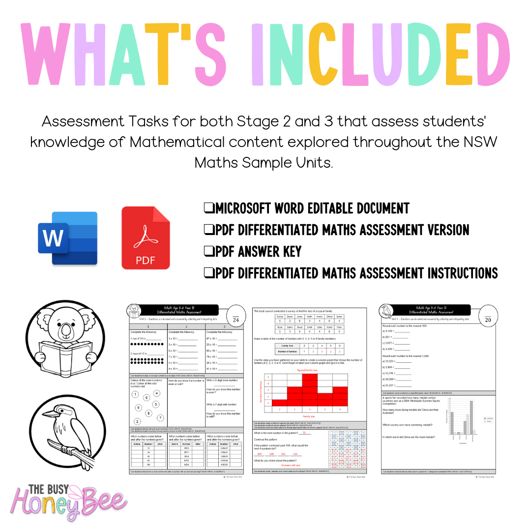 Multi Age 3-6 Year B Differentiated NSW Maths Assessment Unit 5 - Microsoft Word Document