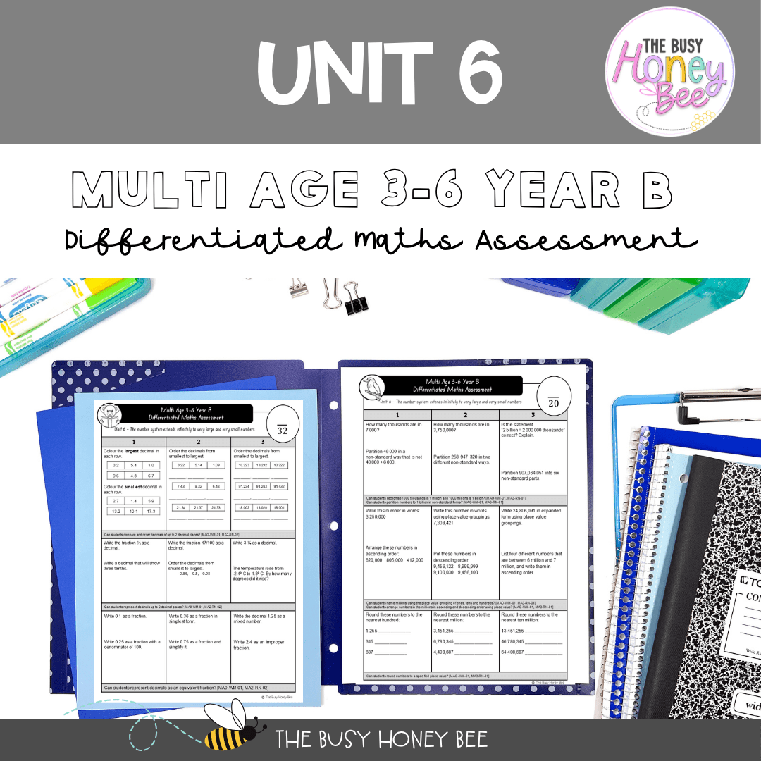 Multi Age 3-6 Year B Differentiated NSW Maths Assessment Unit 6 - Assessment