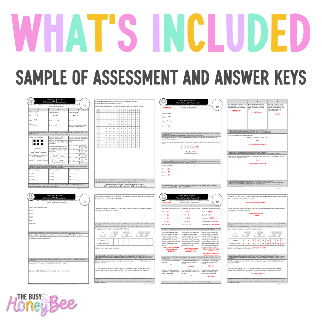 Multi Age 3-6 Year B Differentiated NSW Maths Assessment Unit 7 - Assessment