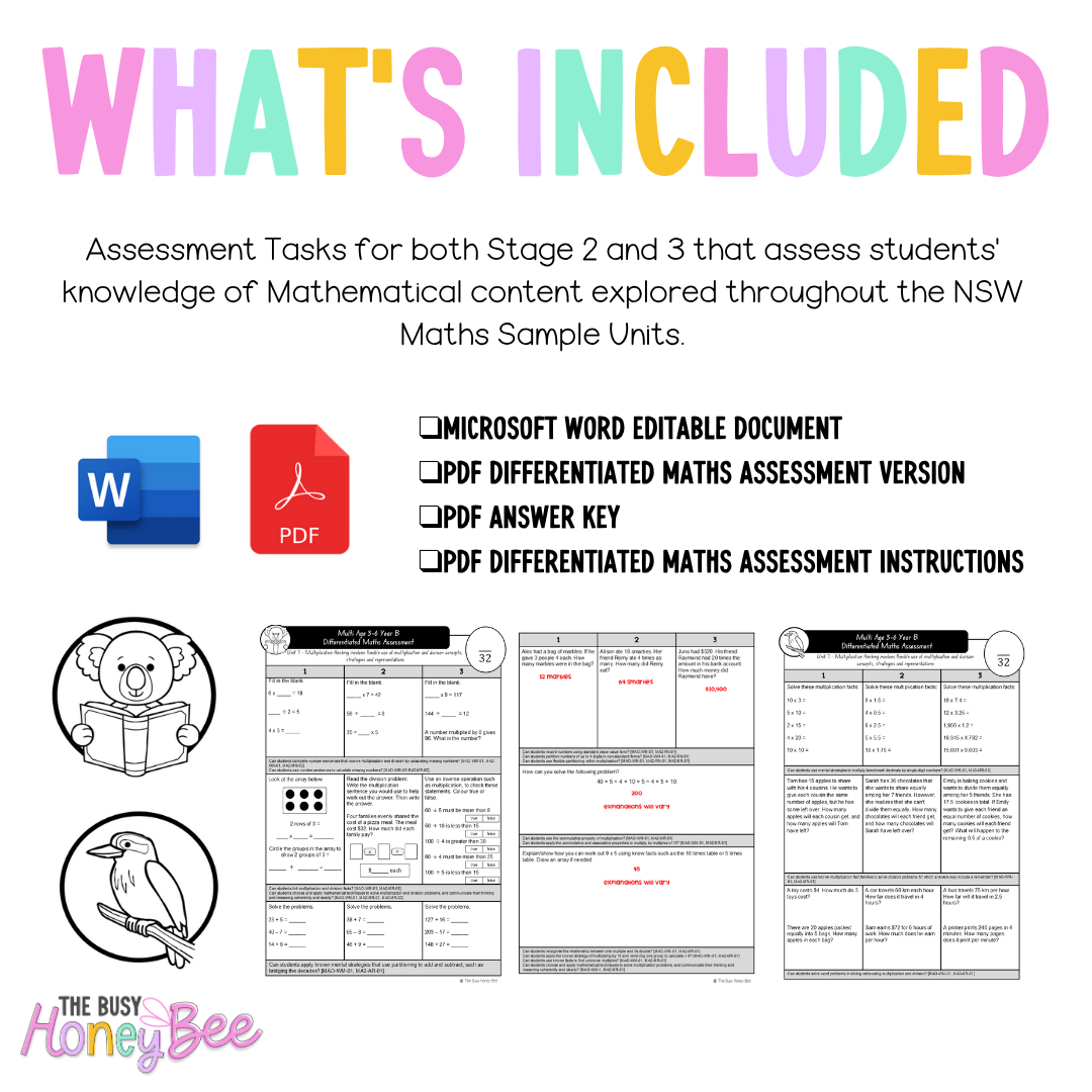 Multi Age 3-6 Year B Differentiated NSW Maths Assessment Unit 7 - Assessment
