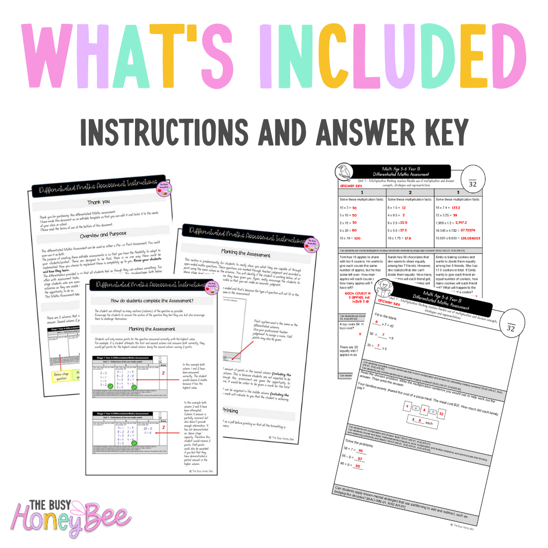 Multi Age 3-6 Year B Differentiated NSW Maths Assessment Unit 7 - Assessment