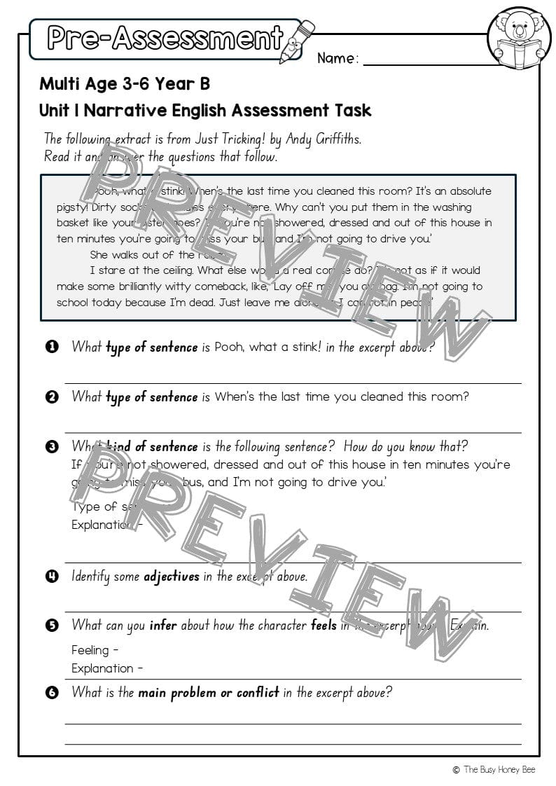 Multi Age 3-6 Year B English Pre- and Post-Assessment Unit 1 Narrative - Assessment