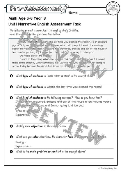 Multi Age 3-6 Year B English Pre- and Post-Assessment Unit 1 Narrative - Assessment