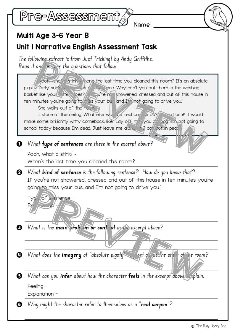 Multi Age 3-6 Year B English Pre- and Post-Assessment Unit 1 Narrative - Assessment
